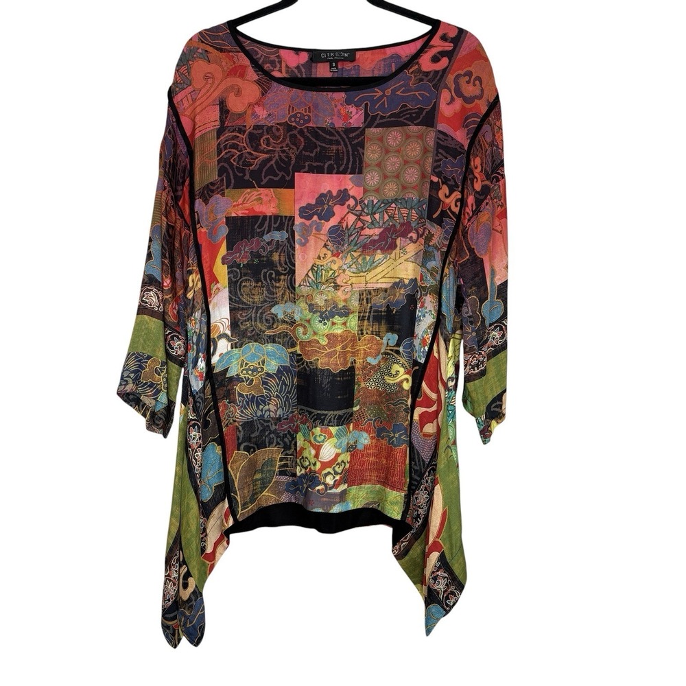 Citron Santa Monica Boho Asian Patchwork Art Tunic Top S Silk Blend Asymmetric